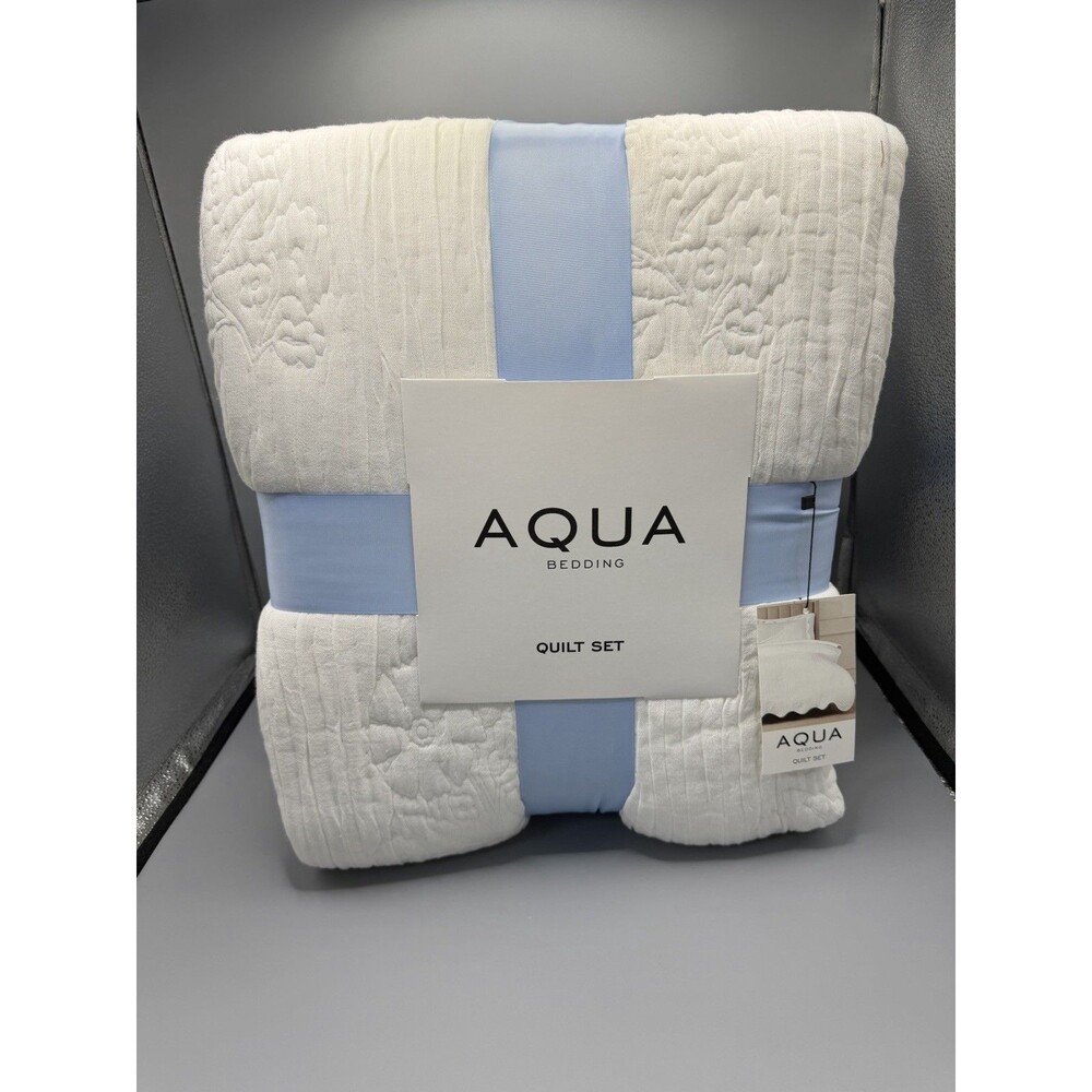 Aqua Bedding Floral Scalloped Reversible KING Quilt + 2 KING Shams Set White